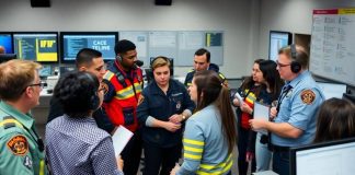 Emergency responders collaborating in a command center.