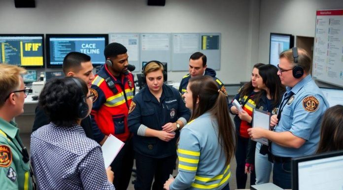 Emergency responders collaborating in a command center.