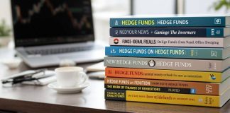 A stack of financial books on hedge funds.