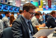 Financial Times reporter working in a busy newsroom.