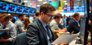 Financial Times reporter working in a busy newsroom.