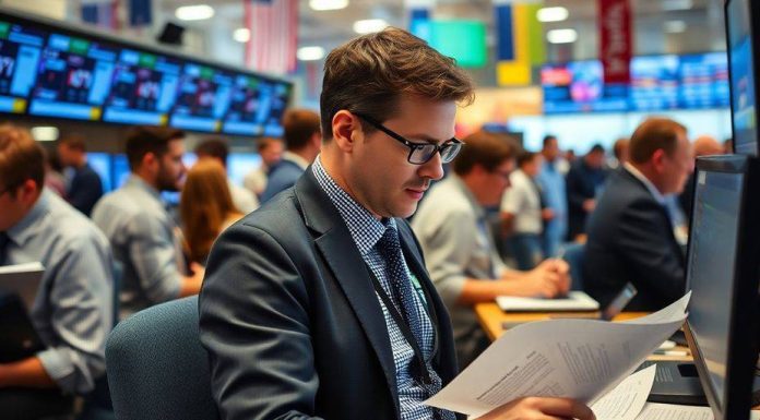 Financial Times reporter working in a busy newsroom.