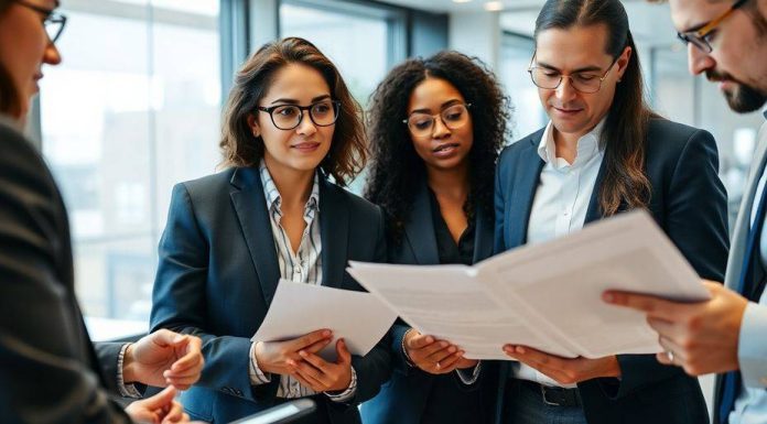 Group of investors discussing financial documents in an office.