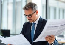 Business professional analyzing financial documents in an office.