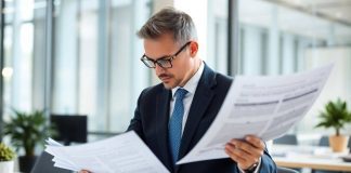 Business professional analyzing financial documents in an office.