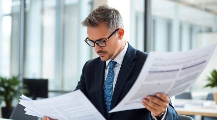 Business professional analyzing financial documents in an office.