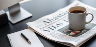 Newspaper on a modern desk with coffee and notepad.