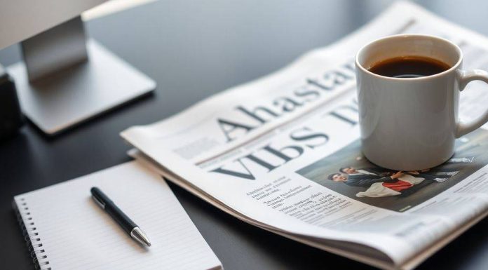 Newspaper on a modern desk with coffee and notepad.