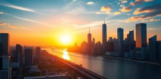 City skyline at sunrise, representing investment opportunities.