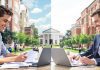 Students studying finance and accounting on a college campus.