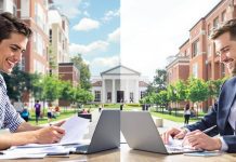 Students studying finance and accounting on a college campus.