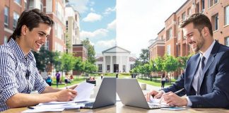 Students studying finance and accounting on a college campus.