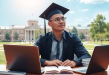 Student studying finance with books and laptop at desk.