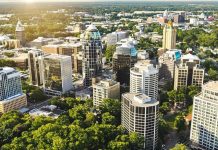 Charlotte NC skyline with modern buildings and greenery.