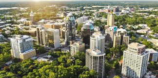 Charlotte NC skyline with modern buildings and greenery.