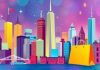 New York City skyline with shopping elements and colors.