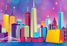 New York City skyline with shopping elements and colors.