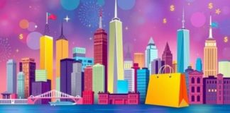 New York City skyline with shopping elements and colors.