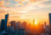 City skyline at sunset depicting financial growth.