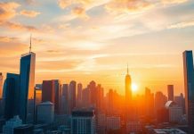 City skyline at sunset depicting financial growth.