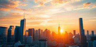 City skyline at sunset depicting financial growth.