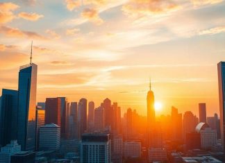 City skyline at sunset depicting financial growth.