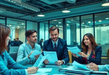 Finance professionals collaborating in a vibrant office environment.