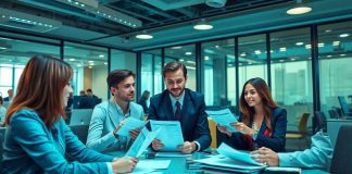 Finance professionals collaborating in a vibrant office environment.