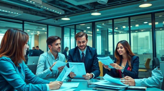 Finance professionals collaborating in a vibrant office environment.