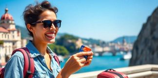 Traveler with a travel card at a scenic location.