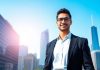 Professional in business attire with a city skyline backdrop.