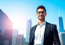 Professional in business attire with a city skyline backdrop.