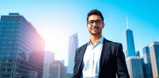 Professional in business attire with a city skyline backdrop.