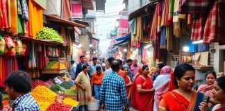 Colorful Indian market scene reflecting vibrant daily commerce.