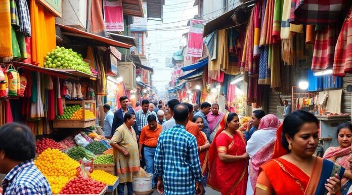 Colorful Indian market scene reflecting vibrant daily commerce.