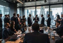 Professionals in suits discussing in a busy office setting.