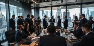 Professionals in suits discussing in a busy office setting.