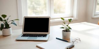 A bright financial workspace with a laptop and notepad.