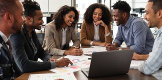 Diverse professionals collaborating in a modern finance setting.