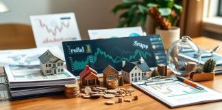 Diverse portfolio assets on a wooden desk with lighting.