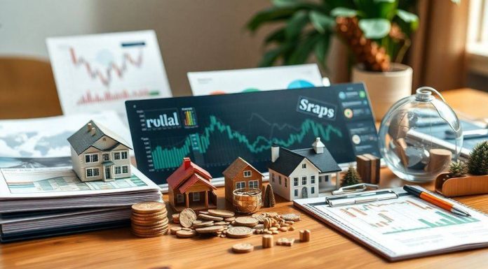 Diverse portfolio assets on a wooden desk with lighting.