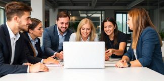 Team members collaborating in a modern office setting.