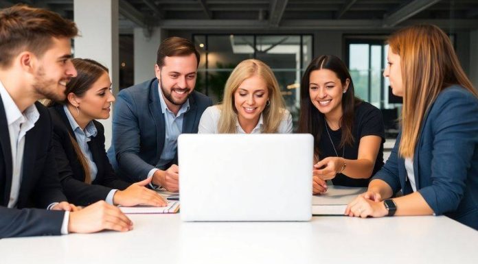 Team members collaborating in a modern office setting.