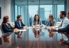 Business professionals collaborating in a bright office space.