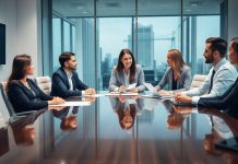 Business professionals collaborating in a bright office space.