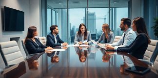 Business professionals collaborating in a bright office space.