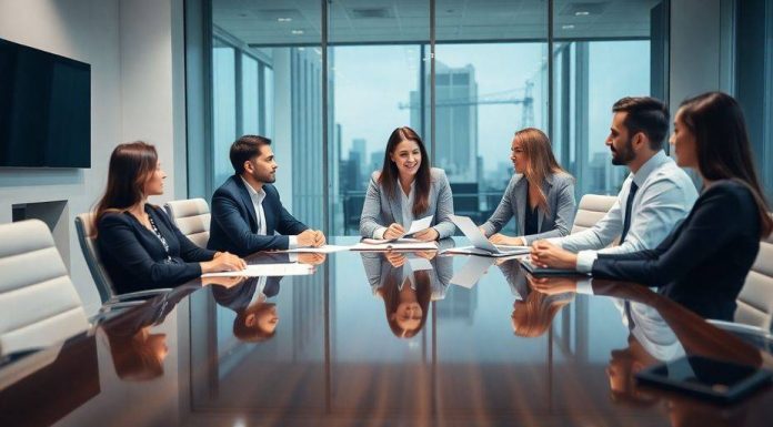 Business professionals collaborating in a bright office space.