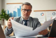 Investor analyzing financial documents in a modern office.