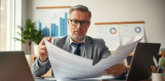 Investor analyzing financial documents in a modern office.