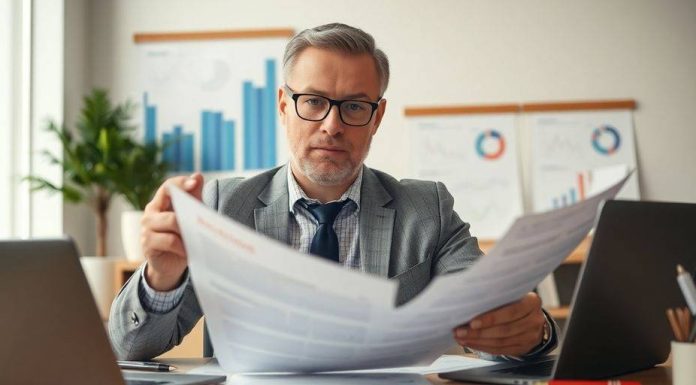 Investor analyzing financial documents in a modern office.